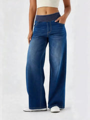 Women's High-Waisted Stretch Wide-Leg Jeans - Elastic Waist Denim Pants with Water-Washed Texture