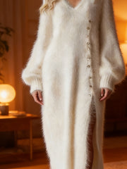 2026 Autumn and Winter V-neck Loose Lazy Style Button Decoration Slit Dress Temperament