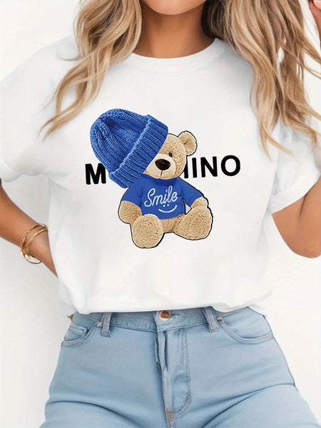 Women'S Smiling Teddy Bear Graphic T-Shirt - Cute Smiling Teddy Bear with Smile Text & Teddy Bear Print, Soft Round Neck Short Sleeve Casual Top