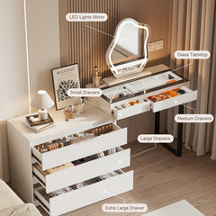 Corner Vanity Desk With Mirror And LED Lights - White Makeup Vanity Table With Clear Glass Top Jewelry Storage Rack And 5 Drawers