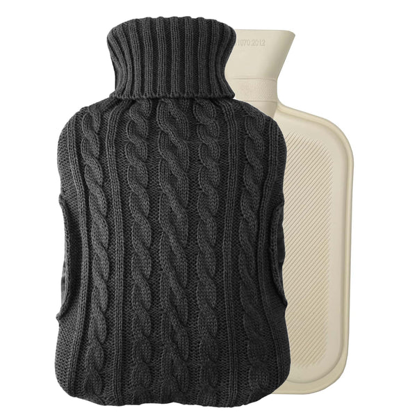 2L Hot Water Bottle with Built in Pockets & Knitted Cover Bag - Natural Rubber, Hot Water Bag for Hot and Cold Compress, Neck and Shoulder Pain – Hand Feet Warmer