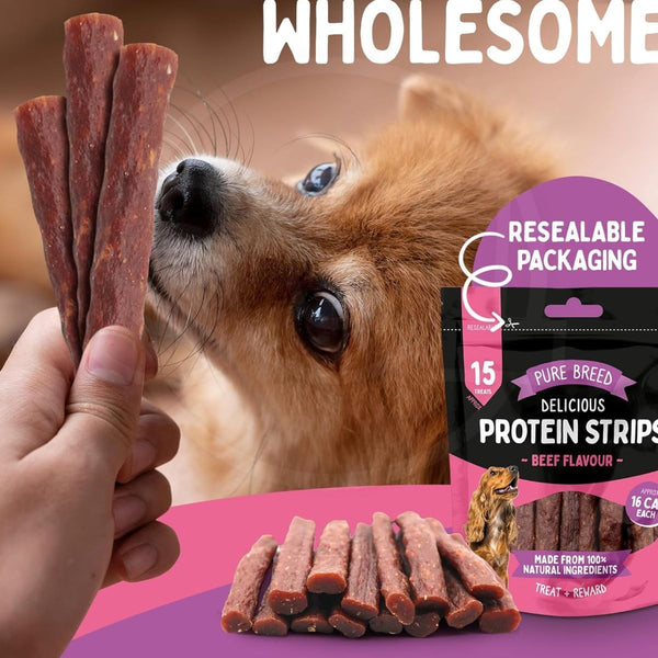 Delicious Protein Strips Beef Flavour, High Protein Dog Treats, Chewy Training Snacks, Easily Digestible in Resealable Pack