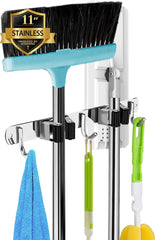 Broom and Mop Holder - Wall Mounted 5 Holders + 4 Hooks with Nails Installation, Stainless Steel, Self Adhesive, Heavy Duty Gripper