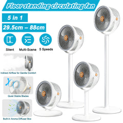 5-in-1 Floor Standing Circulating Fan, 5 Speeds Quiet Adjustable Height Fan (29.5-88cm), 360° Up & Down Tilt, Silent Stable Air Circulator Fan for Bedroom, Living Room, Office, Dorm, Portable Cooling Fan for Home, Office, Travel, Ideal for Hot Flashes, Sl