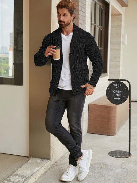 Men'S Solid Cable Knit Cardigan Fall Winter Button-Up Knit Coat