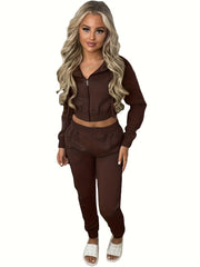 Women'S Fleece Hoodie Hooded Crop Top And Leisure Set