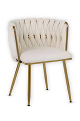 Set of 2 x Luxury Velvet/Metal Upholstered Seat Woven Dining Kitchen Home Restaurant Bar Pub Stool Chair (Cream/Gold)