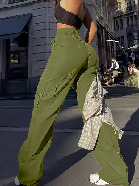 Flap Pocket Solid Color Cargo Pants, Y2K Slant Pocket Button Front Every Day Pants, Women's Clothing
