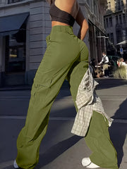 Flap Pocket Solid Color Cargo Pants, Y2K Slant Pocket Button Front Every Day Pants, Women's Clothing