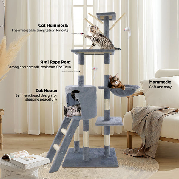 Cat Tree Scratching Post, Stable Structure KittenActivity Centre Pet Toy Scratcher, Tall Cat Furniture Climbing Tower for Indoor Cats, Grey