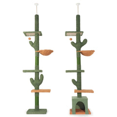 Cactus Cat Tree Floor to Ceiling Cat Tower with Adjustable Height 229Cm-275Cm, 4 Tiers Cat Climbing Activity Center with Cozy Hammock, Platforms And Dangling Balls, Green