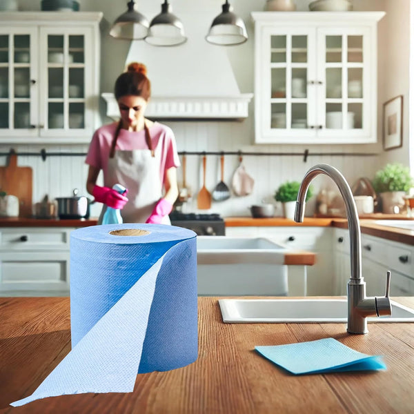 DHANZIPAK 12 x Pack Blue Centrefeed Rolls – 2-Ply, 46m Per Roll (200 Sheets) – 166mm Height – Super Absorbent & Strong Kitchen Roll – Ideal for Cleaning, Catering, Kitchens, Garages & Commercial Use