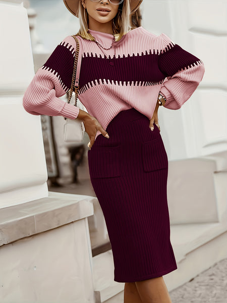 High Neck Pullover Skirt Split Two-Piece Color Block Contrast Thick Long Sleeve Sweater Set, Winter Wardrobe, Elegant Style, Color Block Design, Thick Fabric, Pullover Top, Long Sleeve Skirt, Women'S Fashion, Office Wear