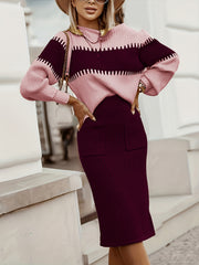 High Neck Pullover Skirt Split Two-Piece Color Block Contrast Thick Long Sleeve Sweater Set, Winter Wardrobe, Elegant Style, Color Block Design, Thick Fabric, Pullover Top, Long Sleeve Skirt, Women'S Fashion, Office Wear