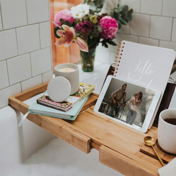 Multi-purpose Bathtub Tray, Expandable Bathtub Stand, Bamboo Wood, Multi-compartment Card Slot, Flat Towel Toiletries Shelf, for Home Hotel, Natural Color, 75-109x23x4.5cm