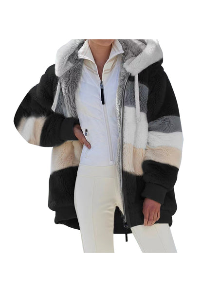 Women's 2025 Autumn Winter Warm Patchwork Hooded Coat - Zip Pockets Loose Fit Oversized Casual Outerwear