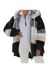 Women's 2025 Autumn Winter Warm Patchwork Hooded Coat - Zip Pockets Loose Fit Oversized Casual Outerwear