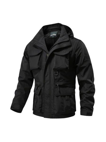 Detachable Windbreaker Hooded Jacket, Men's Casual Multi Pocket Cargo Jacket Vest for Outdoor Activities