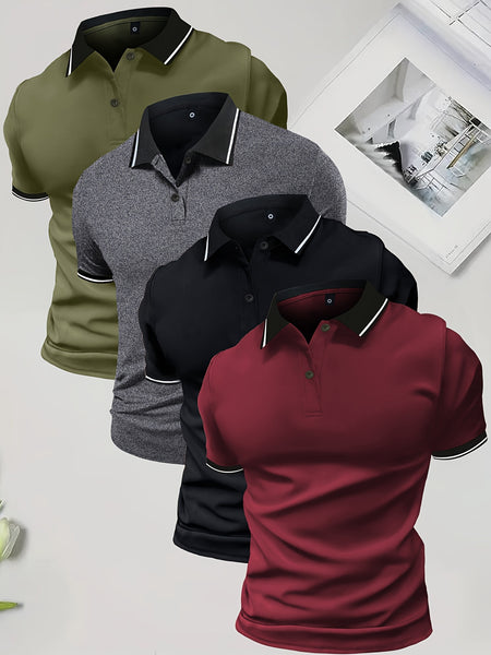 4pcs Set of Summer Lapel Men'S Polo Shirts Solid Color Short Sleeve Multicolor Golf Shirts Workwear Casual Athletic Wear Men'S Top