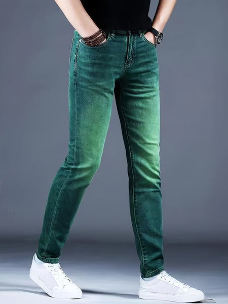 Men'S Jeans, Elastic, Easy, Denim Trousers, Slimming, Slim Fit, Green Men'S Clothing, Multi-Process Men'S Pants, Suitable for All Seasons