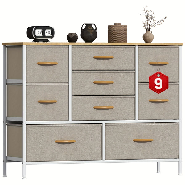 Stylish Large 9 Drawers Dresser with Durable Metal Frame, Scratch-Resistant MDF Top, And Spacious Fabric Drawers - Tall Chest Of DrawersPerfect for Elegant Bedroom, Cozy Living Room Or Functional Office Use