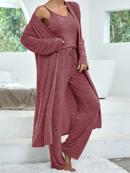 Women's casual home suit solid color mid-length cardigan solid color camisole imitation lace-up trousers three-piece suit for women