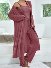 Women's casual home suit solid color mid-length cardigan solid color camisole imitation lace-up trousers three-piece suit for women