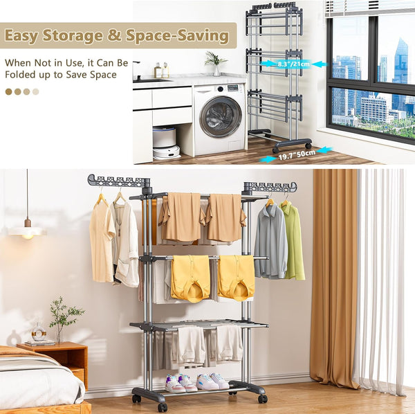 Purkeep Thicken & Durable Clothes Airer, Extra Large 4-Tier Capacity Foldable Clothes Drying Rack with Wheels, Stainless Steel Clothes Horse for Indoor/Outdoor Use in Bedroom, Laundry Room