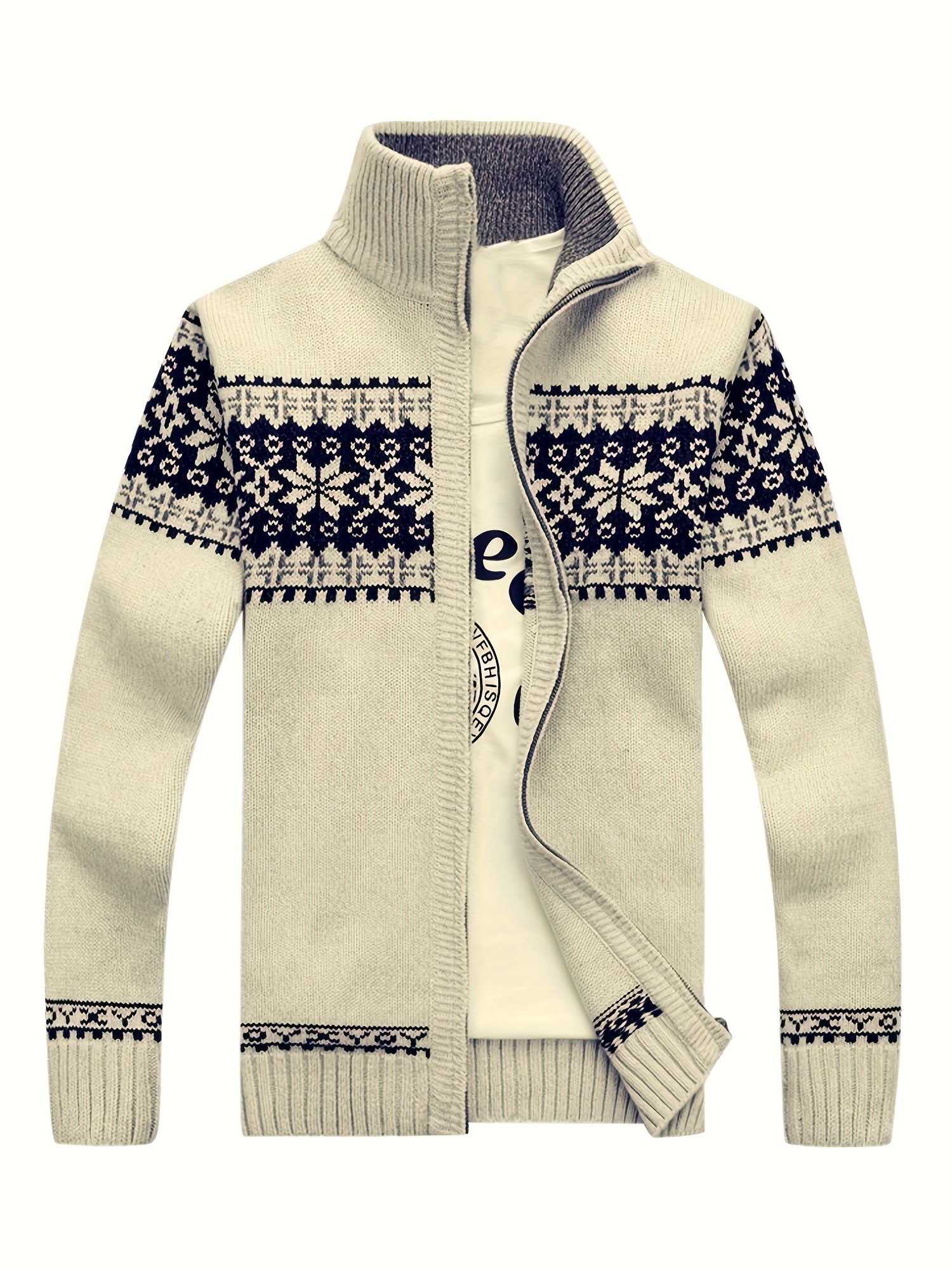 New Autumn And Winter Casual Men'S Knitted Cardigan, Featuring a Thick Ethnic-Style Snowflake Jacquard with a Stand-Up Collar And Zipper. This Stylish Long-Sleeve Sweater Jacket Is Perfect for Men'S Daily Wear in The Fall And Winter