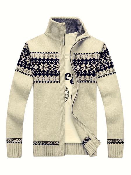 New Autumn And Winter Casual Men'S Knitted Cardigan, Featuring a Thick Ethnic-Style Snowflake Jacquard with a Stand-Up Collar And Zipper. This Stylish Long-Sleeve Sweater Jacket Is Perfect for Men'S Daily Wear in The Fall And Winter