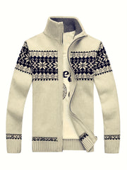 New Autumn And Winter Casual Men'S Knitted Cardigan, Featuring a Thick Ethnic-Style Snowflake Jacquard with a Stand-Up Collar And Zipper. This Stylish Long-Sleeve Sweater Jacket Is Perfect for Men'S Daily Wear in The Fall And Winter