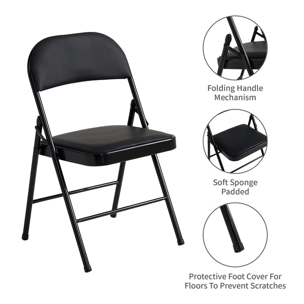 Set of 4 Folding Chairs, Faux Leather Foldable Chairs with Metal Frame and Padded Seat, Easy to Fold and Store for Home, Office, Dining and Reception