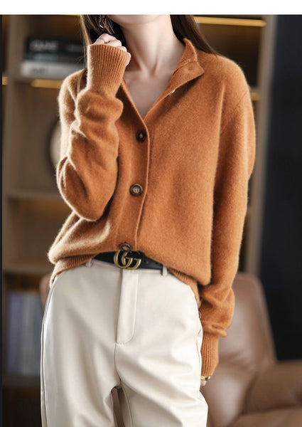 2026 New Retro Women'S 100% Cashmere Solid Color Stand Collar Cardigan, Casual Loose Fit Outerwear for Office Commute & Business Casual Outfit