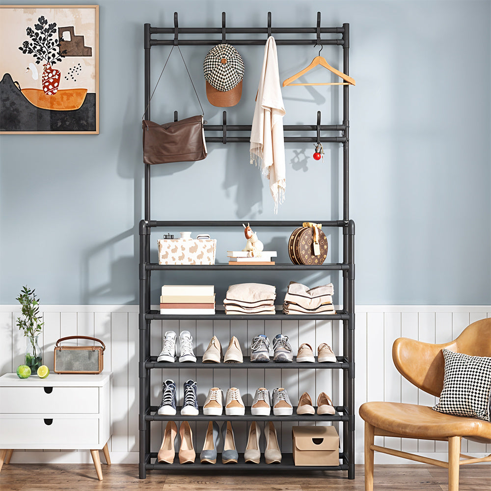 5 Tier Shelves Metal Coat Rack Stand with Shoe Storage Hallway Furniture With 8 Hooks Hanger, Freestanding Shoe and Coat Hat Stand with Non Woven Fabric Storage Shelf, Multi-Functional Metal Hall Tree for Coats, Hats & Shoes Living Room Bedroom