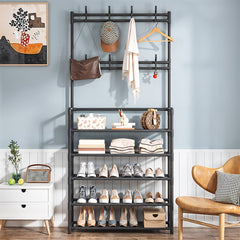 5 Tier Shelves Metal Coat Rack Stand with Shoe Storage Hallway Furniture With 8 Hooks Hanger, Freestanding Shoe and Coat Hat Stand with Non Woven Fabric Storage Shelf, Multi-Functional Metal Hall Tree for Coats, Hats & Shoes Living Room Bedroom