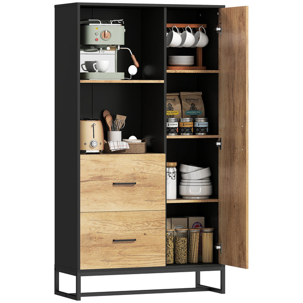 160cm Tall Kitchen Cupboard, Kitchen Pantry Sideboard with 2 Open Shelves, 2 Drawers, Adjustable Shelves and Soft Close Door, Storage Cabinet for Living Room, Dinning Room, Natural Wood Finish