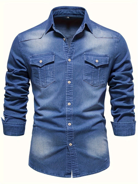 New Men'S Denim Shirt, Casual Solid Color Men'S Long Sleeve Dress Shirt