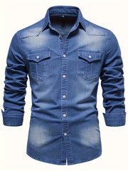 New Men'S Denim Shirt, Casual Solid Color Men'S Long Sleeve Dress Shirt