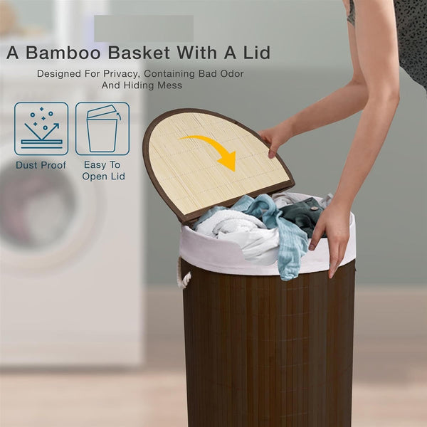 50L Folding Bamboo Laundry Basket Bin Hamper Basket Clothes Storage Organizer With Lid & Removable Washable Bag Carry On Handles