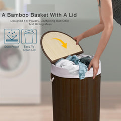 50L Folding Bamboo Laundry Basket Bin Hamper Basket Clothes Storage Organizer With Lid & Removable Washable Bag Carry On Handles