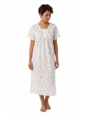 Women'S Floral Nightdress Short Sleeve Cotton Blend Nightwear Summer Nightgown Elegant Print Midi Loungewear Sleep Dress