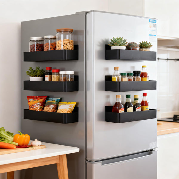 Magnetic Storage Rack 6pcs Set Black and White Minimalist Style Refrigerator/Washing Machine/Microwave Side No-Drill Storage Rack Kitchen Bathroom Cabinet Strong Load-Bearing Easy to Clean, Utility Racks