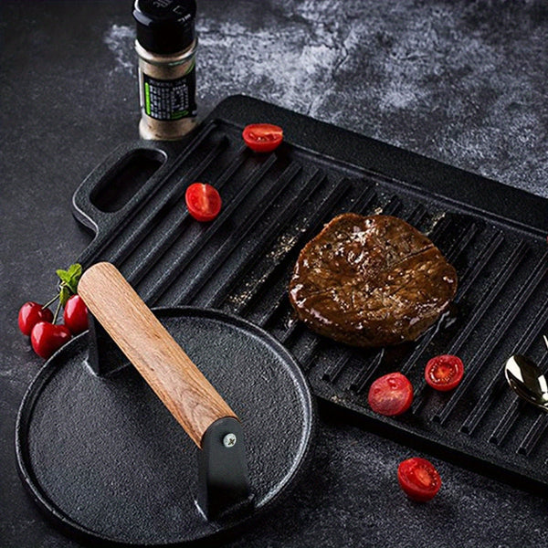 Round 7 Inch Cast Iron Grill Press with Wooden Handle - Heavy-Duty Burger Weight Press for Kitchen Use