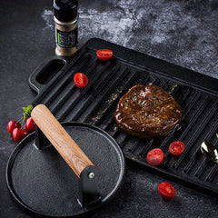 Round 7 Inch Cast Iron Grill Press with Wooden Handle - Heavy-Duty Burger Weight Press for Kitchen Use