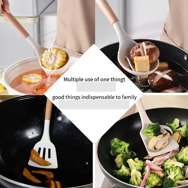23pcs Silicone Kitchenware And Kitchen Knife Set | Heat Resistant Silicone Cutlery with Wooden Handle | Chef Knife | Non-Stick Friendly Tool | Easy to Cook And Clean | Convenient to Carry | Suitable for School, Home, Outdoor Use | Mother'S Day