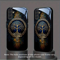 Phone Case - Blue Golden Tree of Life Pattern New Black Phone Case Tempered Glass for Iphone 17 Air/ 16/ 15/ 14/ 13/ 12/ 11/ Plus/ Pro/ Pro Max And Galaxy S, A Series/ S22/ S23/ S24 FE/ S25/ S26 ULTRA PLUS. It Is The First Choice of Gift for Family