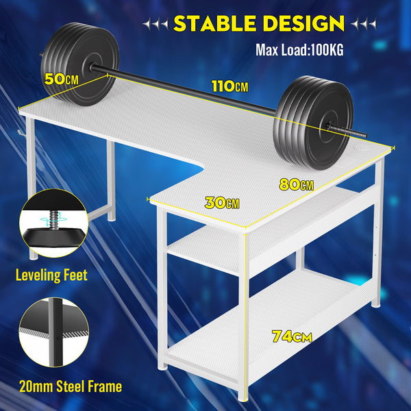 L Shaped Gaming Desk with Power Outlets Corner Computer Desk 110x80CM with Shelves Headphone Hook PC Table Workstation for Home Office Bedroom