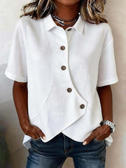 New Elegant Women's Solid Color Irregular Top, Ladies' Fashionable Short-Sleeve Lapel Shirt, Pretty Blouses for Women, Commuting Clothing for Ladies, Button Up, Loose Fit, Ideal Summer Outfits, Business Style Wear, Unique Design