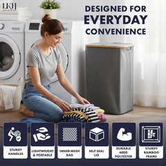 LKH Laundry Basket with Lid 100 litre | 600D Polyester Clothes Hamper for Laundry with Bamboo handles, Laundry Guide & Inner Mesh Bag | 44x33x70cm Laundry Basket Organizer for Dorm Laundry Room
