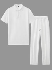 Men's Waffle Casual Suit Top Short Sleeve Turnover Collar Shirt Bottom Leisure Pants Comfortable and Clean Suitable for Spring and Summer Wear